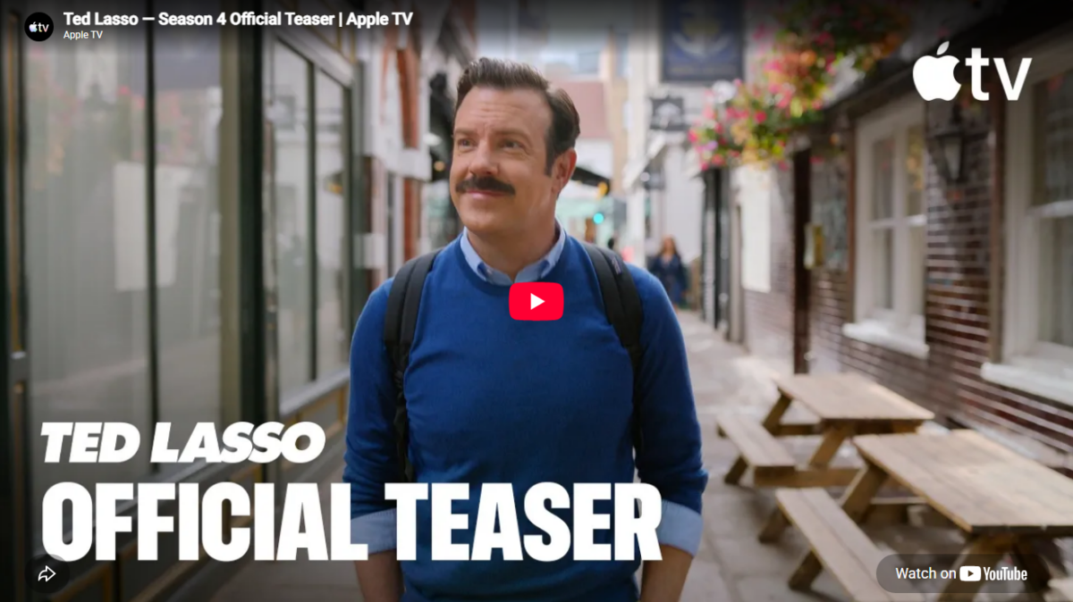 YouTube thumbnail for the Ted Lasso Season 4 official teaser trailer, showing Ted walking down the alleyway in Richmond.