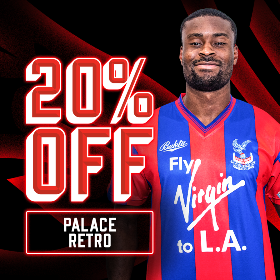 Promotional graphic featuring a smiling footballer in a red-and-blue Crystal Palace retro shirt beside bold text, “20% OFF,” with a “PALACE RETRO” label; energetic sale tone.