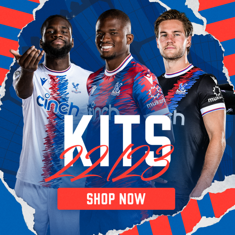 Three Crystal Palace footballers in white, blue-red, and black kits pose against a bold torn-paper blue and red backdrop. Text reads “KITS 22/23” and “SHOP NOW,” promoting the club’s 2022–23 shirts.
