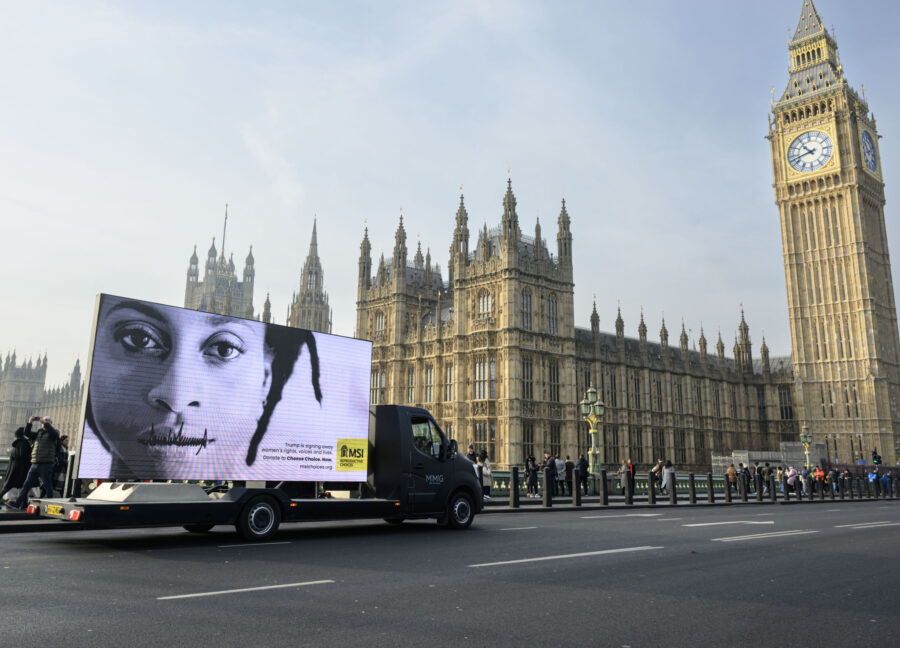 The ‘Choose Choice’ DigiVan in Westminster, London, featuring a close-up of a woman’s face with US President Donald Trump’s signature appearing to sew her lips shut, as part of a campaign led by MSI Reproductive Choices in response to Trump’s reinstatement of the Global Gag Rule.