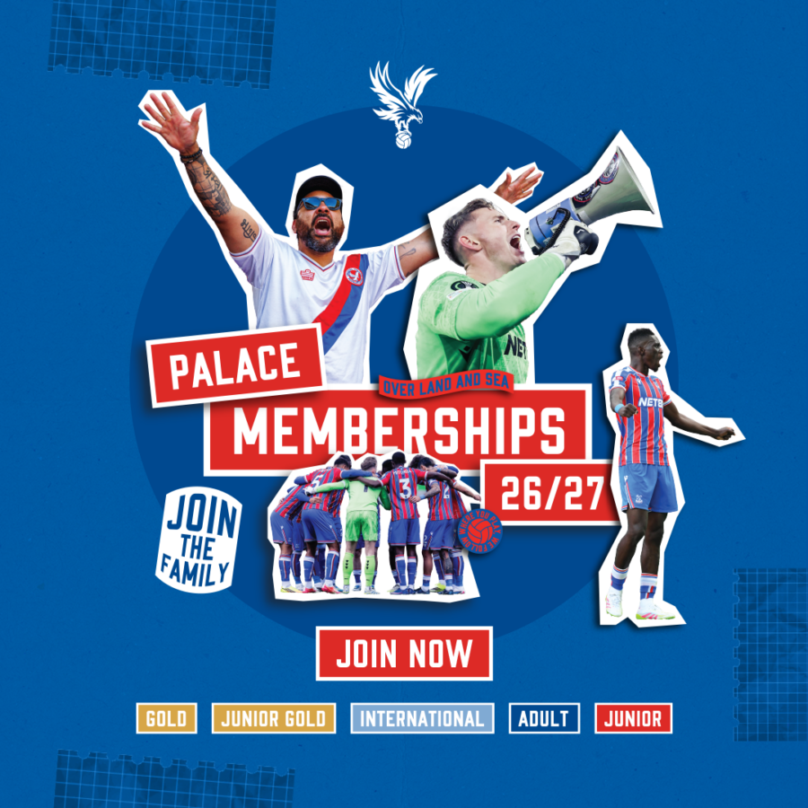 Crystal Palace FC’s blue 2026/27 membership poster shows cheering fans, a supporter with a megaphone and players around bold red “JOIN NOW” text.