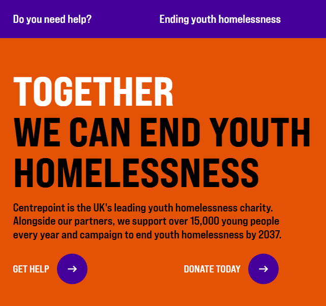 A screenshot of teh Centrepoint charity wbesite
